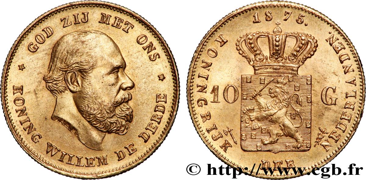 GOLD-, PALLADIUM- UND PLATIN-INVESTITIONEN 10 Gulden Guillaume III, 1e type 1875 Utrecht VZ 