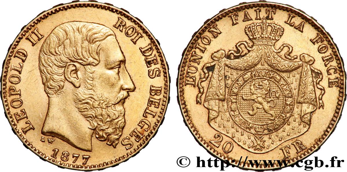 OR, PALLADIUM ET PLATINE INVESTISSEMENT 20 Francs Léopold II 1877 Bruxelles SUP 