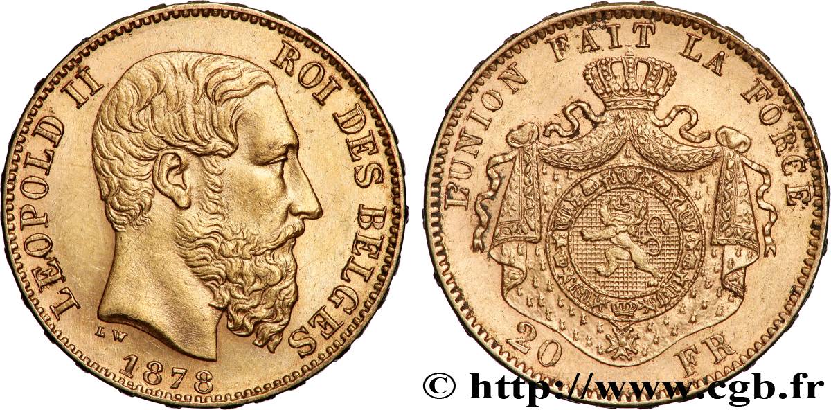 OR, PALLADIUM ET PLATINE INVESTISSEMENT 20 Francs or Léopold II 1878 Bruxelles SUP 