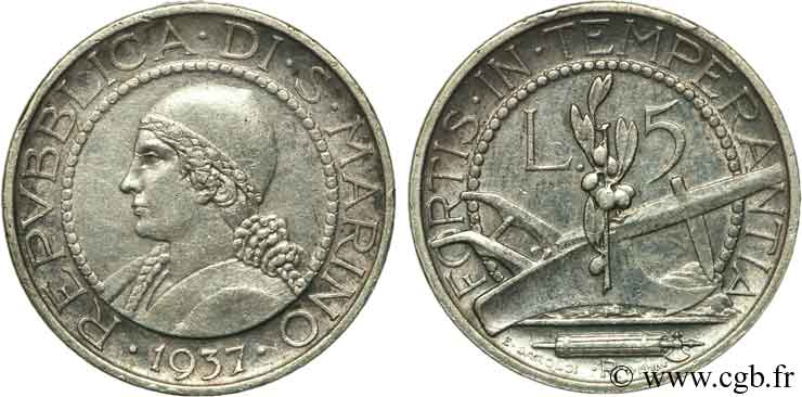 SAN MARINO 5 Lire portrait de femme / charrue 1937 Rome - R SPL 