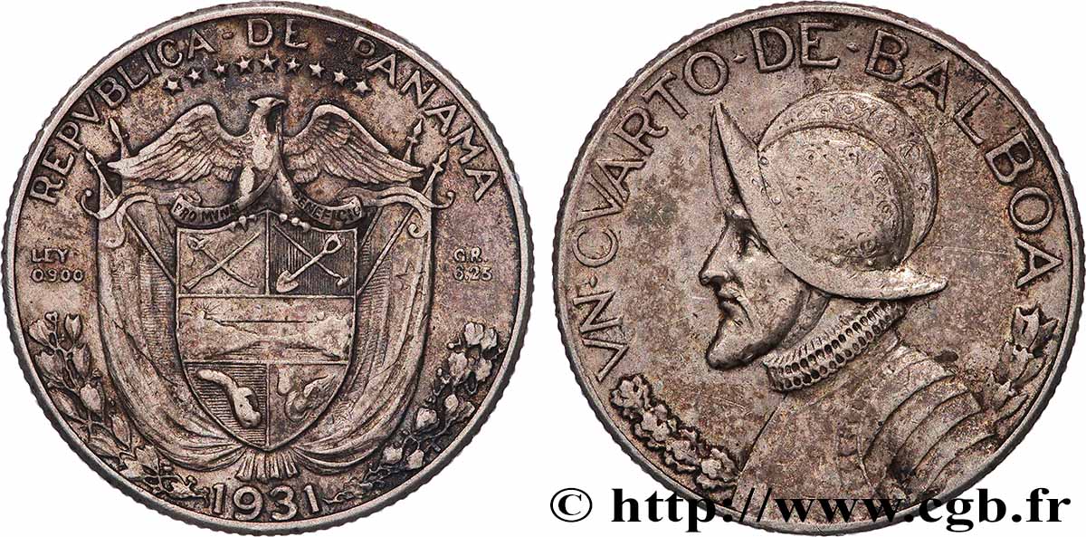 PANAMA 1/4 Balboa Vasco Nunez de Balboa 1931 Philadelphie TTB 