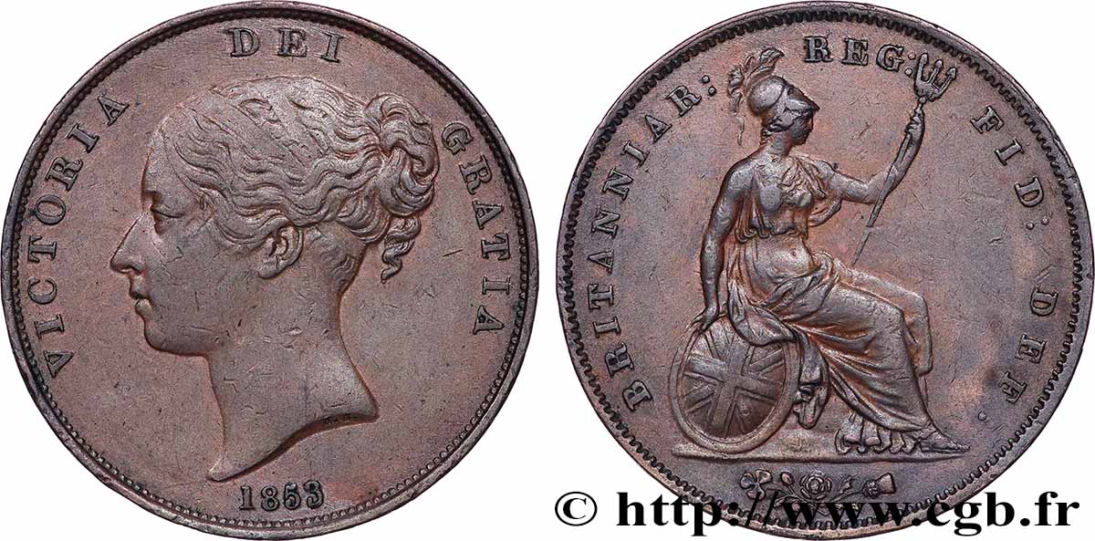 ROYAUME-UNI 1 Penny Victoria “tête jeune” 1853  TTB+ 