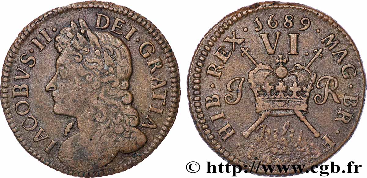IRLANDE 6 Pence Jacques II frappée pour le mois de juillet 1689  TTB 