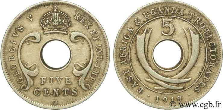 EAST AFRICA AND UGANDA PROTECTORATES 5 Cents East Africa and Uganda Protectorates (Georges V) 1919 Heaton - H XF 