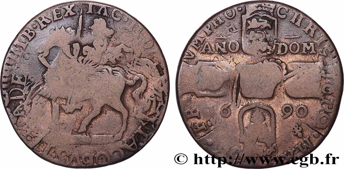 IRLANDE 1/2 Crown dit “Gunmoney” au nom de Jacques II 1690 Dublin ou Limerick TB 