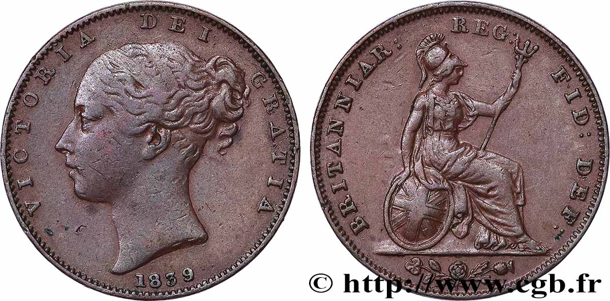 ROYAUME-UNI 1 Farthing Victoria “tête jeune” 1839 Londres TTB 