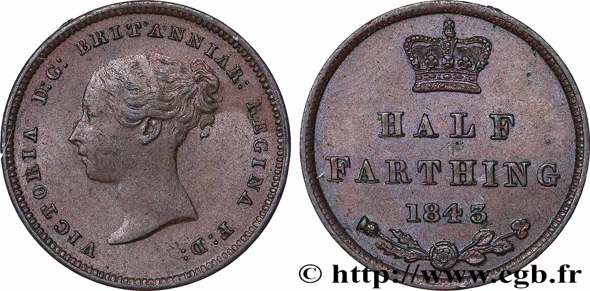 ROYAUME-UNI 1/2 Farthing Victoria “tête jeune” 1843 Londres TTB 