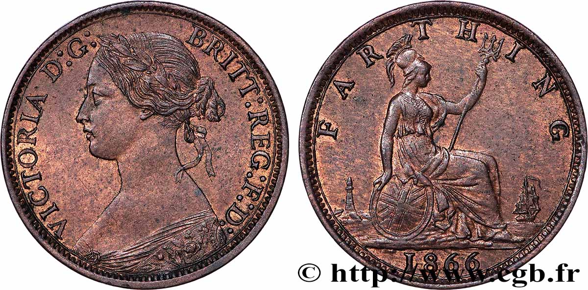 ROYAUME-UNI 1 Farthing Victoria “Bun Head” 1866  TTB+ 