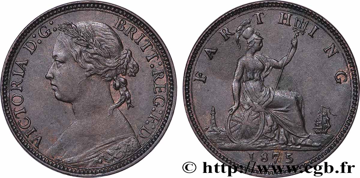 ROYAUME-UNI 1 Farthing Victoria “Bun Head” 1875 Heaton TTB+ 