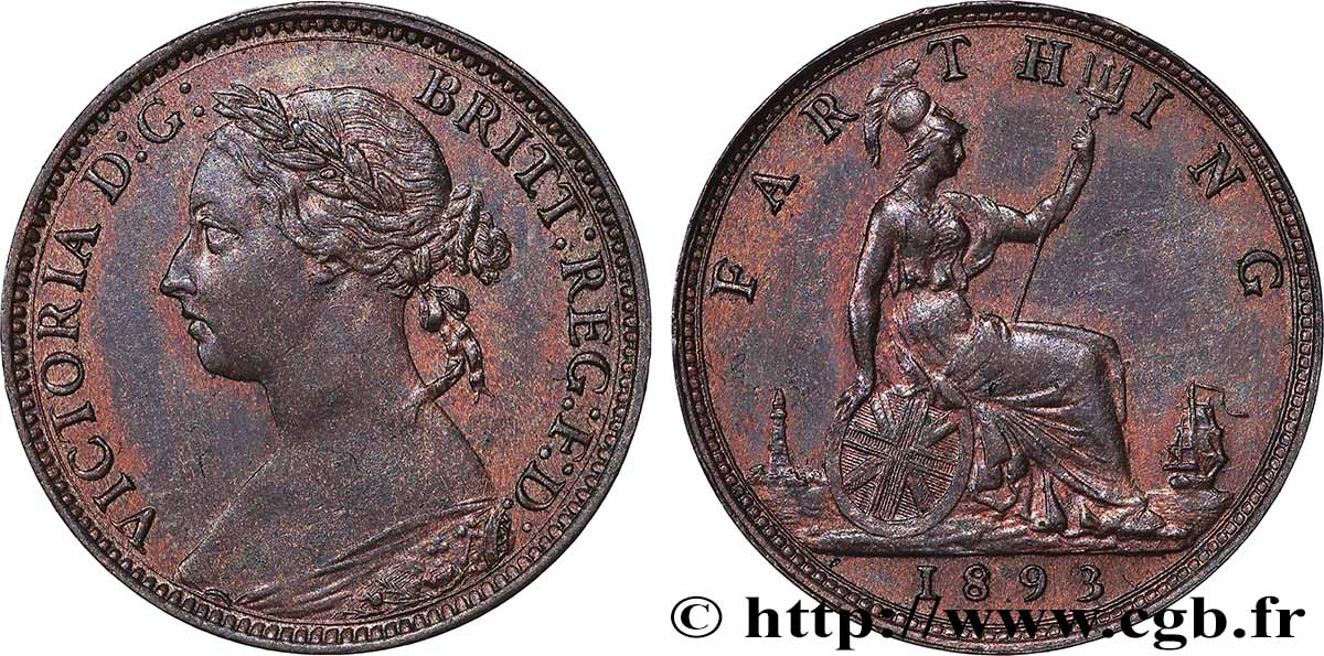 ROYAUME-UNI 1 Farthing Victoria “Bun Head” 1893  TTB+ 