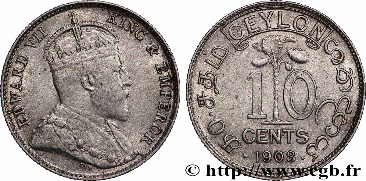 CEYLAN 10 Cents Édouard VII 1908  TTB+ 