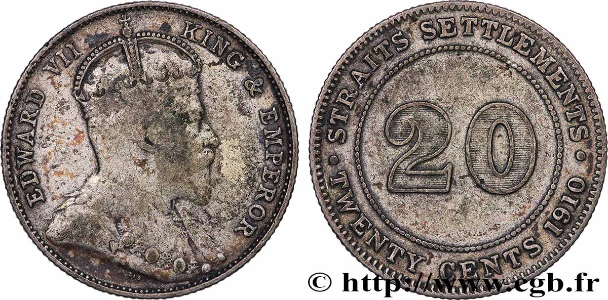 MALAISIE - ÉTABLISSEMENTS DES DÉTROITS 20 Cents Straits Settlements Edouard VII 1910 Bombay TB+ 