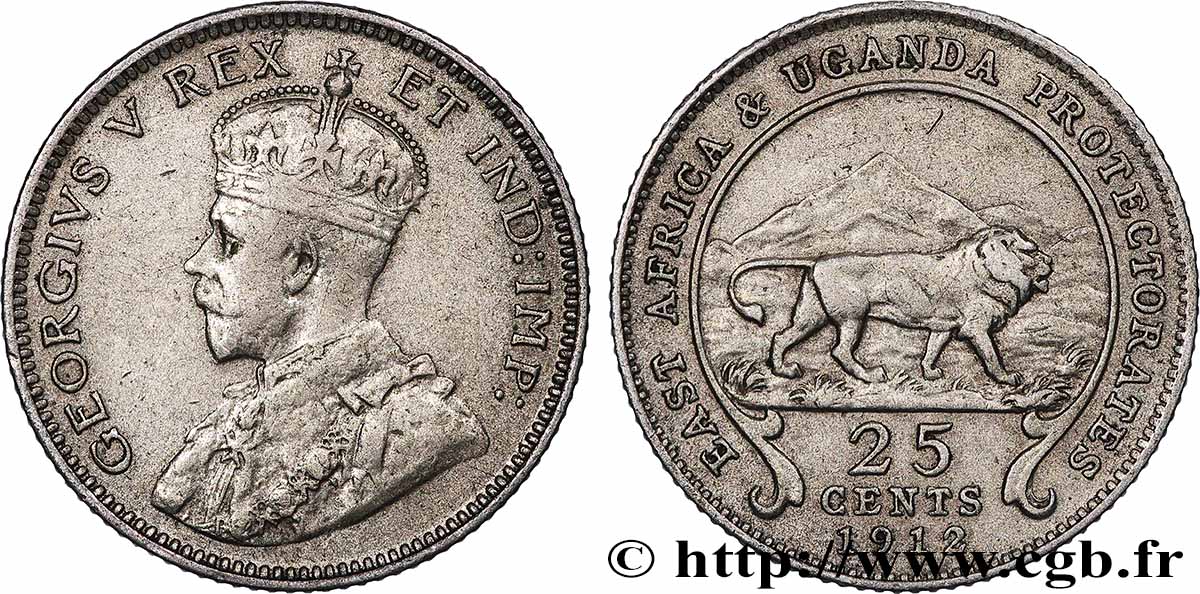 AFRIQUE DE L&nbsp;EST  ET OUGANDA - PROTECTORATS 25 Cents Georges V 1912 British Royal Mint TTB+ 