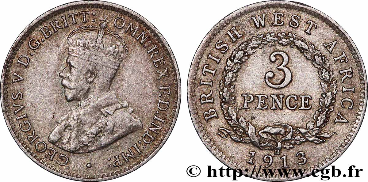 AFRIQUE OCCIDENTALE BRITANNIQUE 3 Pence Georges V 1913 Heaton TTB 