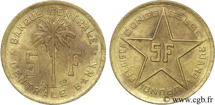 BELGIAN CONGO 5 Francs Banque Centrale Congo Belge-Ruanda-Urundi 1952  XF 
