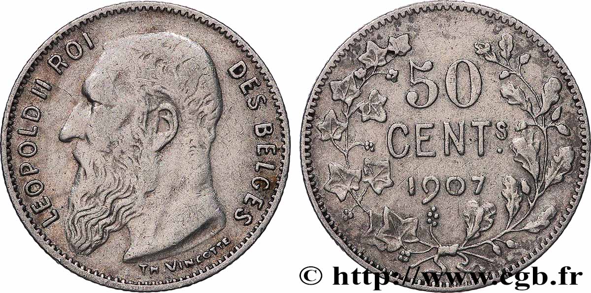 BELGIEN 50 Centimes Léopold II légende en français 1907  SS 