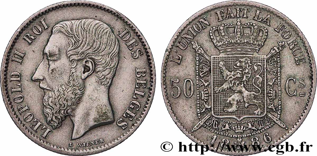 BELGIQUE 50 Centimes Léopold II légende française signature L WIENER 1886 Bruxelles TTB 