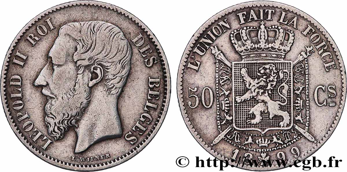 BELGIQUE 50 Centimes Léopold II légende française 1899 Bruxelles TTB 