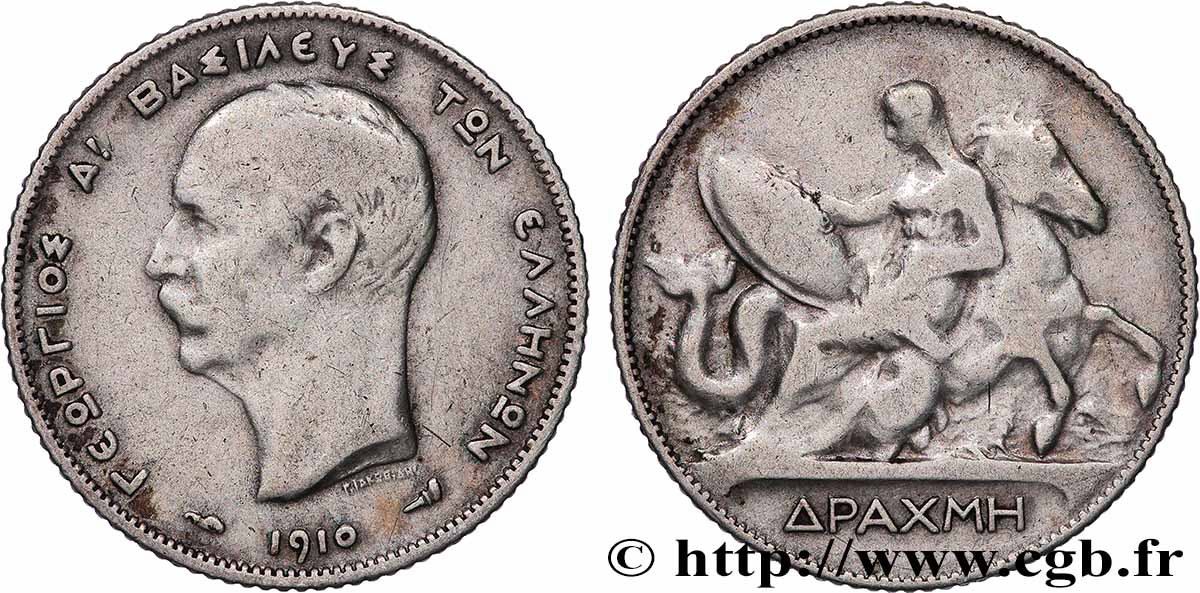 GRÈCE 1 Drachme Georges Ier 1910 Paris TB 