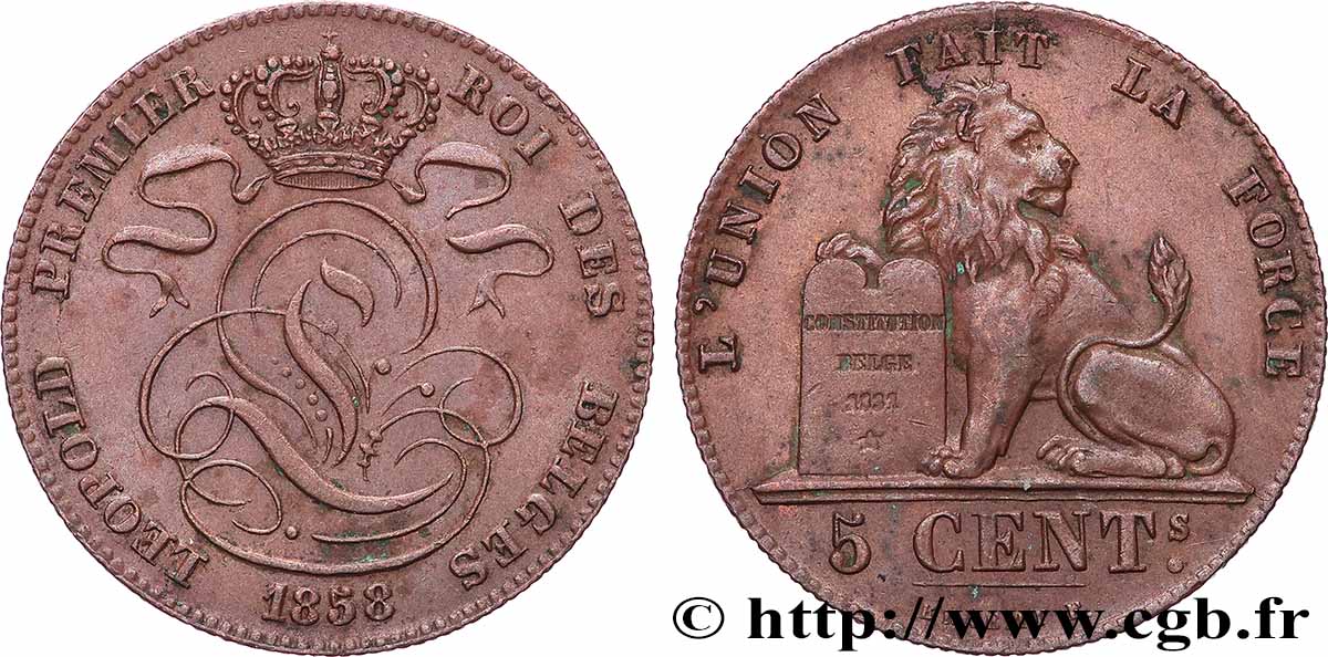 BELGIEN 5 Centimes monograme de Léopold couronné / lion 1858  fVZ 