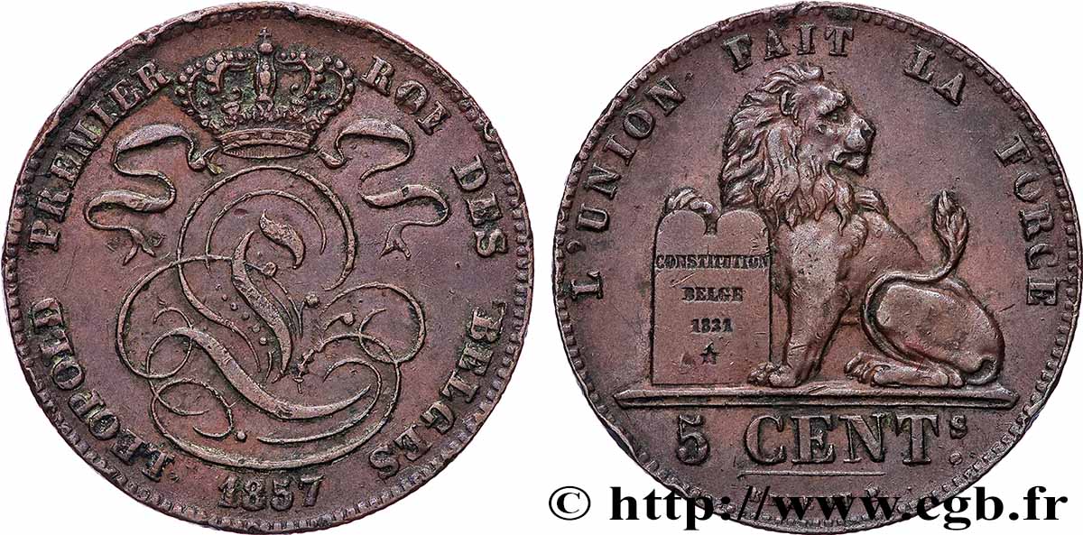 BELGIEN 5 Centimes Léopold Ier 1857  SS 
