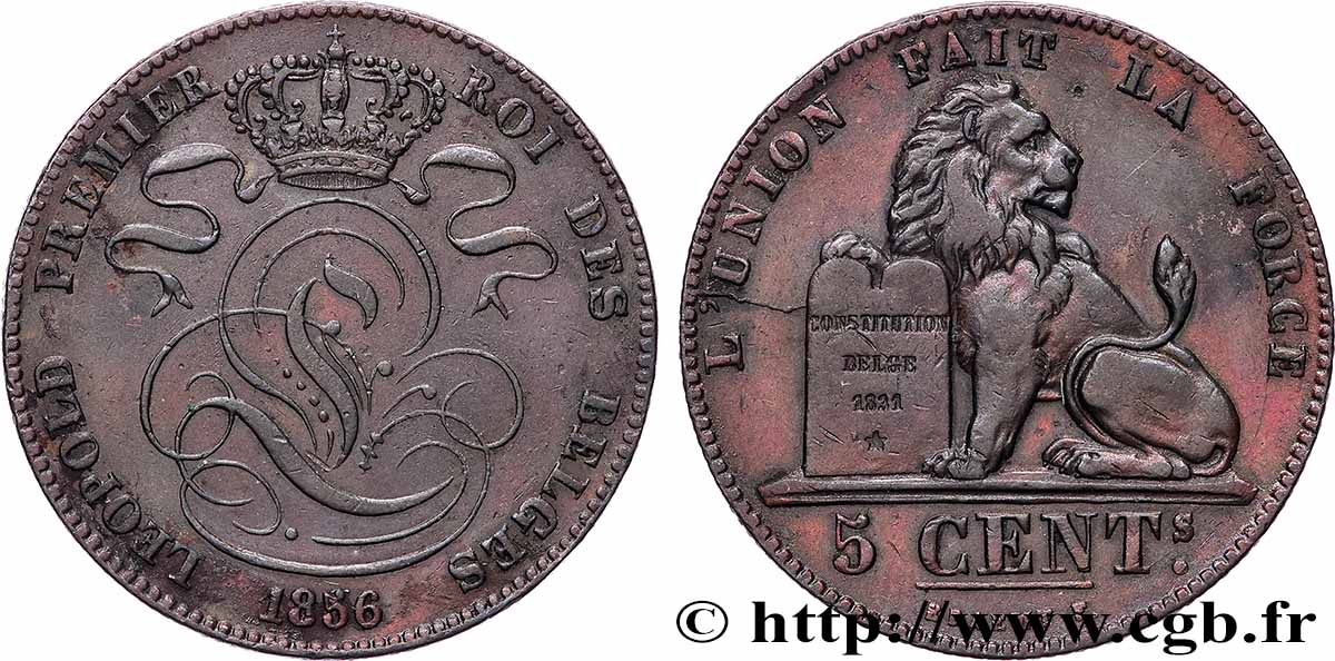 BELGIQUE 5 Centimes Léopold Ier 1856  TTB+ 