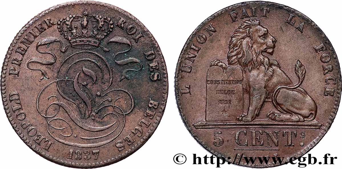 BELGIEN 5 Centimes Léopold Ier 1837 Bruxelles fVZ 
