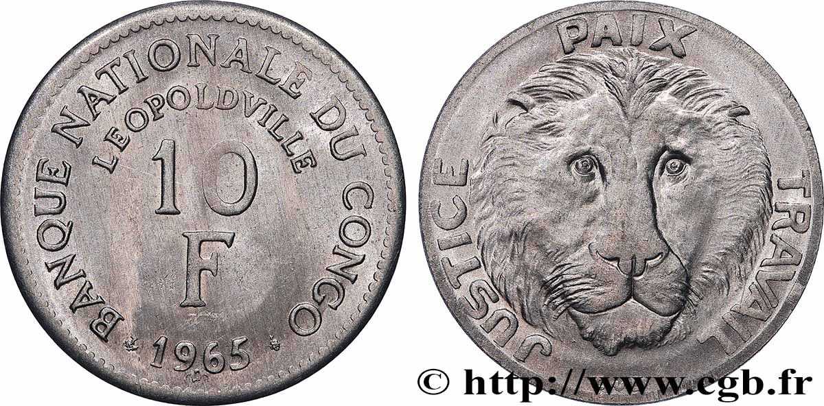 DEMOKRATISCHE REPUBLIK KONGO 10 Francs Banque Nationale du Congo / lion 1965 Bruxelles VZ 