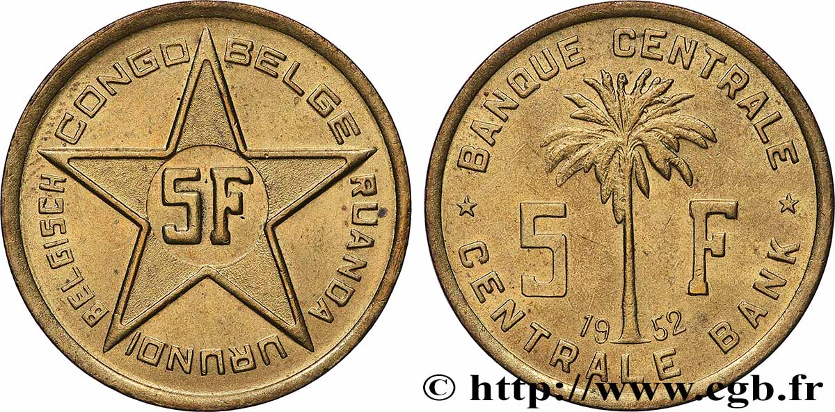 CONGO BELGE 5 Francs Banque Centrale Congo Belge-Ruanda-Urundi 1952  TTB+ 