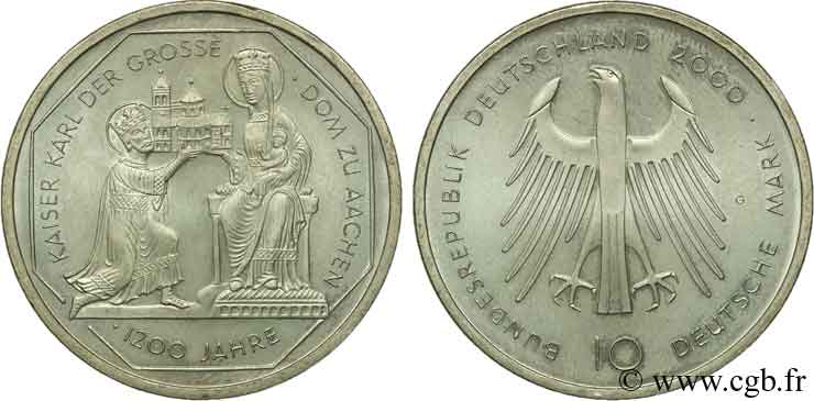 ALLEMAGNE 10 Mark 1200e édification de la Cathédrale d’Aix par Charlemagne 2000 Karlsruhe - G SPL 