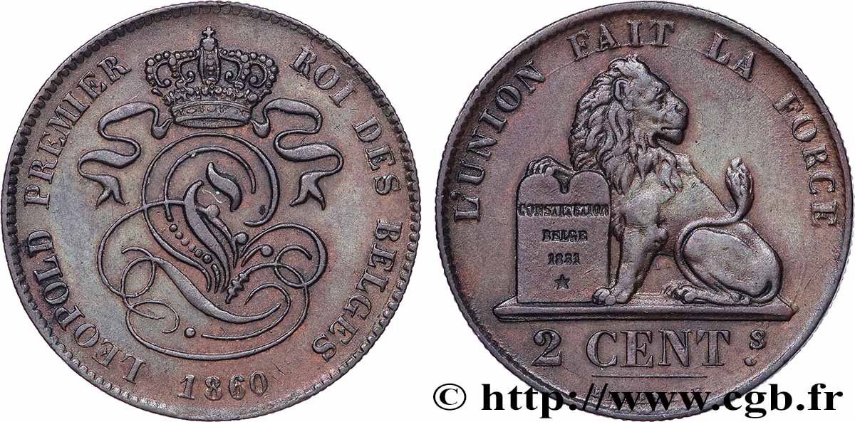BÉLGICA 2 Centimes Léopold Ier 1860  MBC+ 