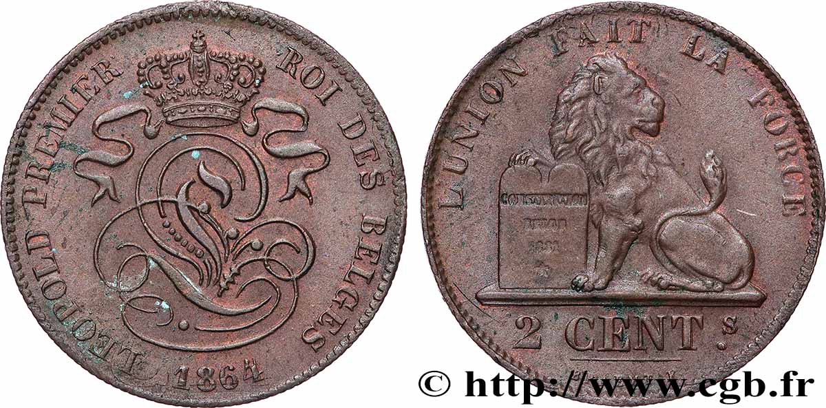 BELGIUM 2 Centimes Léopold Ier 1864  AU 