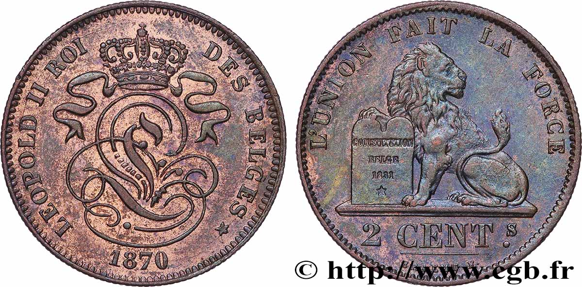 BELGIQUE - ROYAUME DE BELGIQUE - LÉOPOLD II 2 Centimes  1870 Bruxelles SPL 