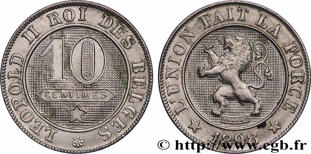 BELGIEN 10 Centimes lion légende française 1898  VZ 