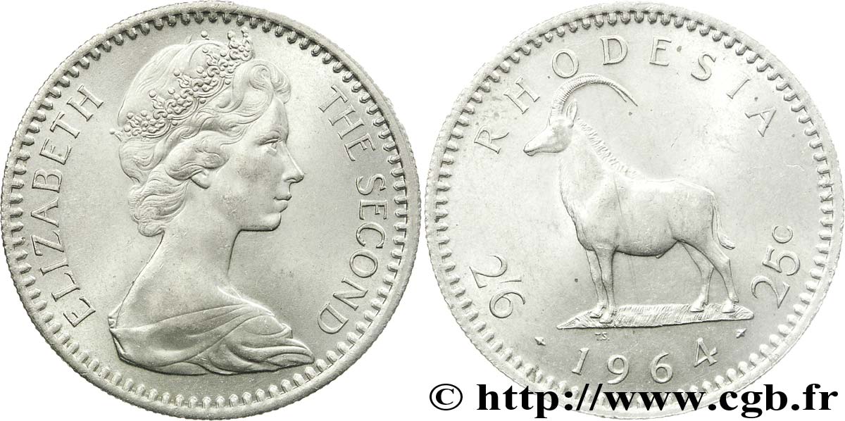 RHODESIEN 2 1/2 Shillings (25 Cents) antilope des sables 1964  VZ 