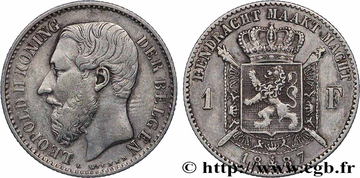 BELGIQUE 1 Frank (Franc) Léopold II légende flamande 1887 Bruxelles TTB 