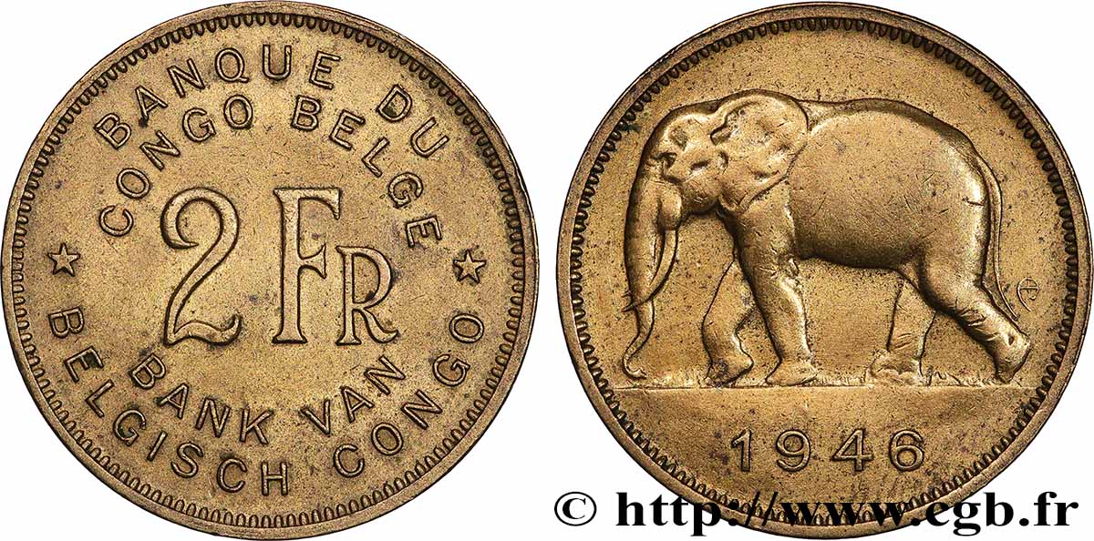 BELGA CONGO 2 Francs éléphant 1946  MBC+ 