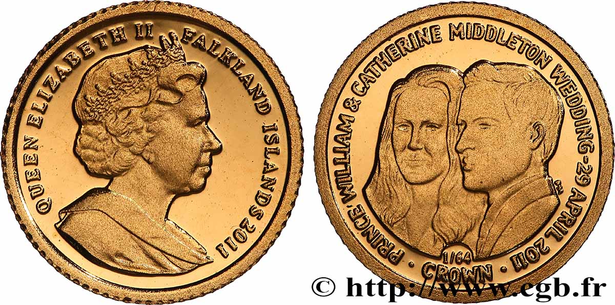 ÎLES FALKLAND 1/64 Crown Mariage du prince William avec Kate Middleton 2011 Pobjoy Mint FDC 