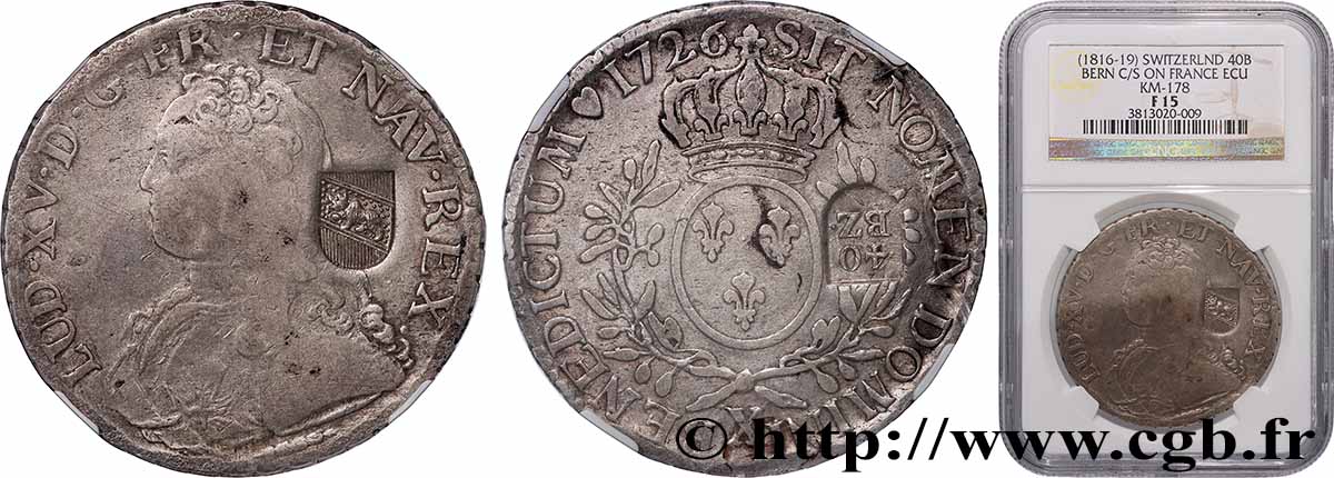 SUISSE 40 batzen contremarqué sur un écu aux branches d&nbsp;olivier, buste habillé 1726 Amiens VF/XF 