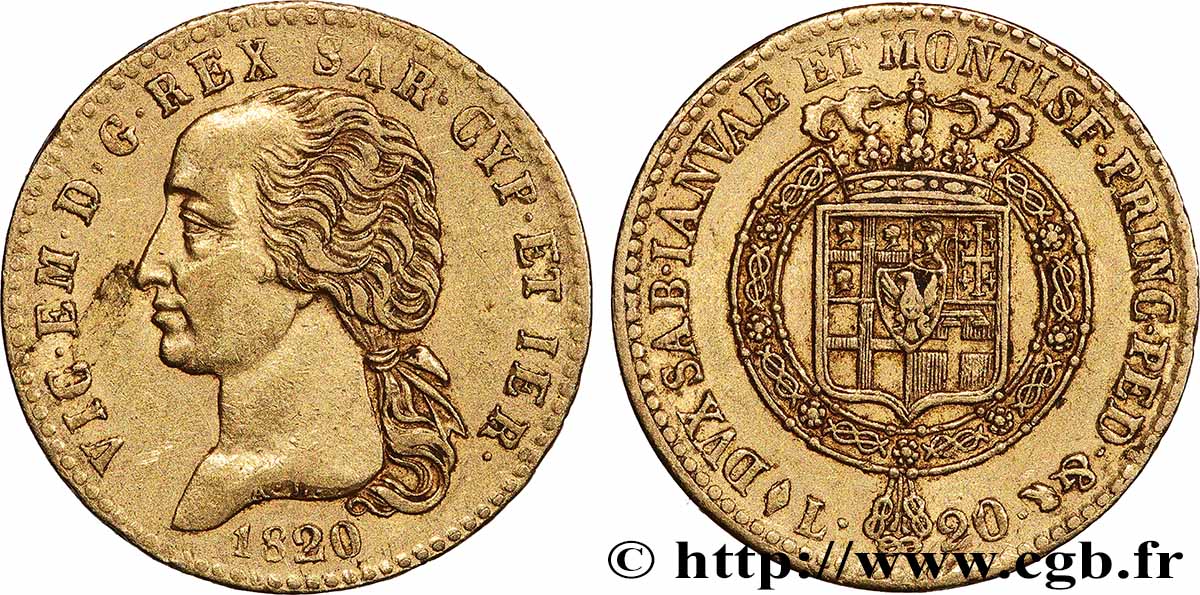 ITALIE - ROYAUME DE SARDAIGNE - VICTOR-EMMANUEL Ier 20 Lire 1820 Turin TTB 