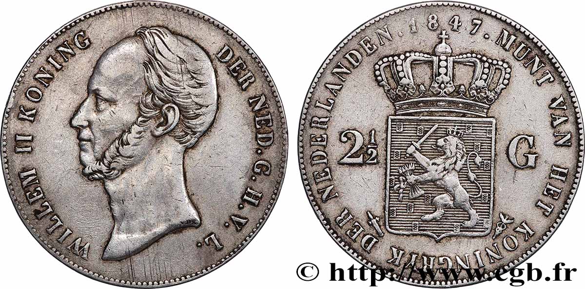 PAYS-BAS - ROYAUME DES PAYS-BAS - GUILLAUME II 2 1/2 Gulden  1847 Utrecht BB 