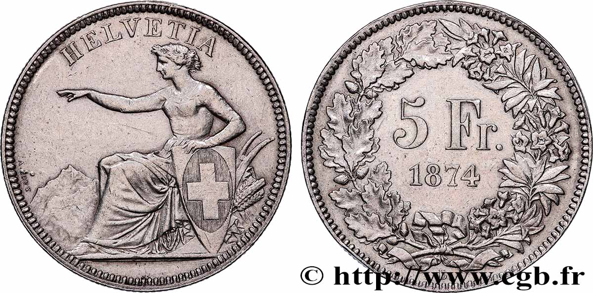 SUISSE 5 Francs Helvetia assise 1874 Bruxelles TTB+ 