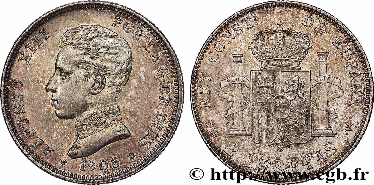 ESPAGNE 2 Pesetas Alphonse XIII 1905 Madrid TTB+ 