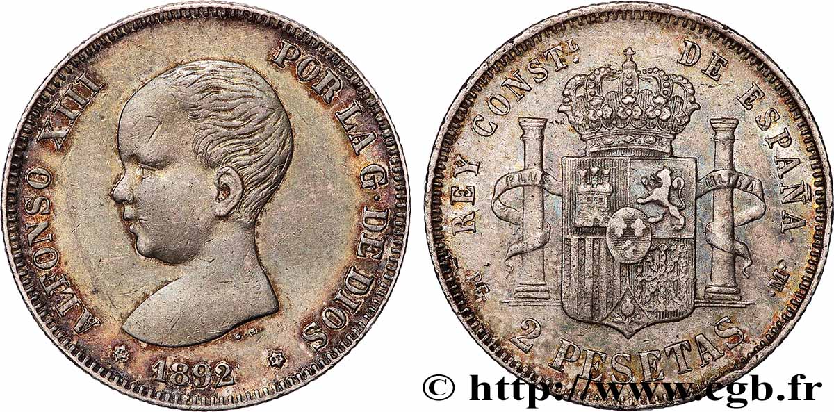 ESPAGNE 2 Pesetas Alphonse XIII 1892 Madrid TTB 