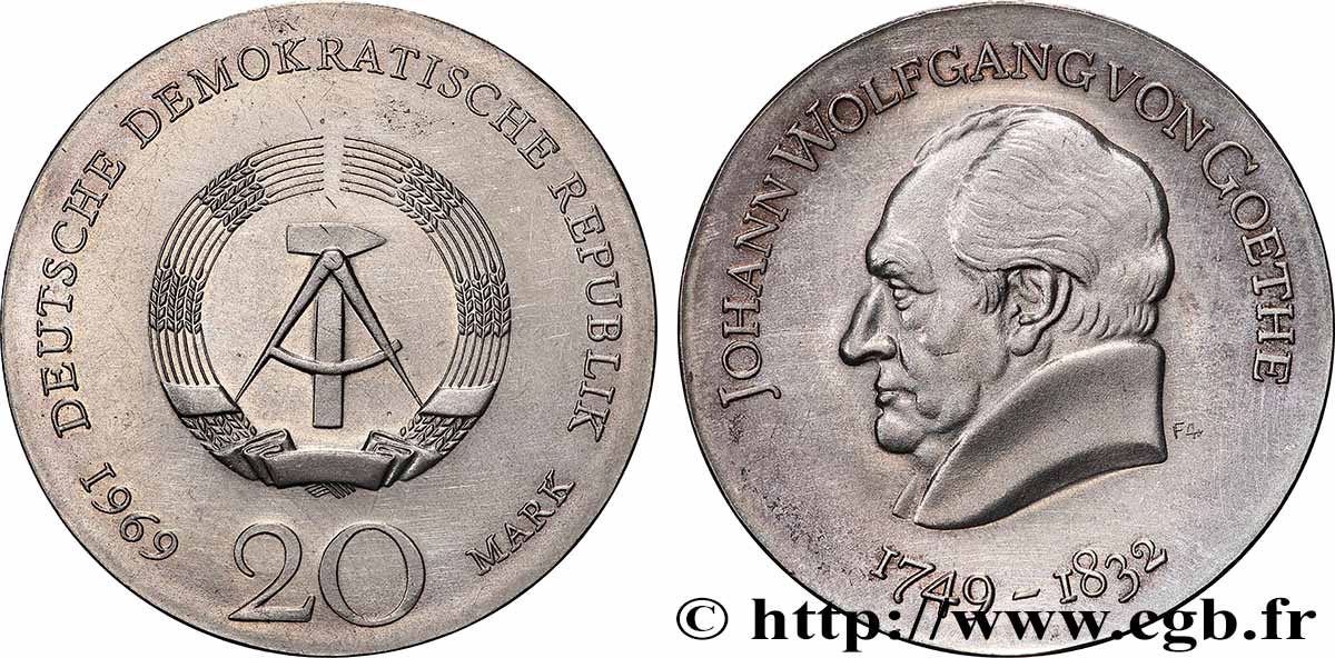 DEUTSCHE DEMOKRATISCHE REPUBLIK 20 Mark Johann Wolfgang Von Goethe 1969 Berlin VZ 