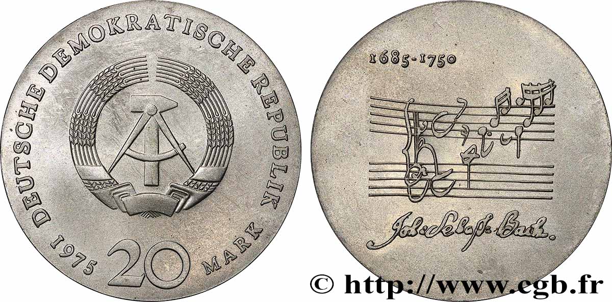 ALLEMAGNE RÉPUBLIQUE DÉMOCRATIQUE 20 Mark Jean Sébastien Bach 1975  SUP 