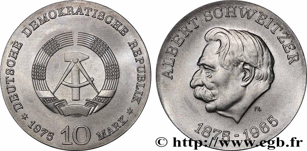 ALLEMAGNE RÉPUBLIQUE DÉMOCRATIQUE 10 Mark Albert Schweitzer / armes de la RDA 1975 Berlin SUP 