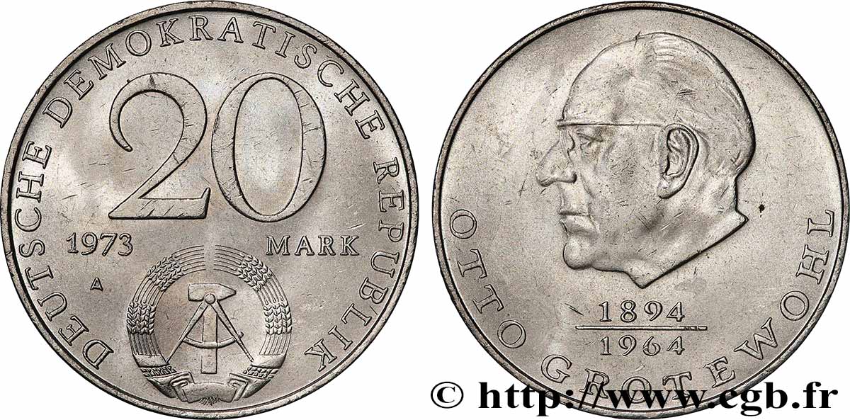 ALLEMAGNE RÉPUBLIQUE DÉMOCRATIQUE 20 Mark Otto Grotewohl 1973  SUP 