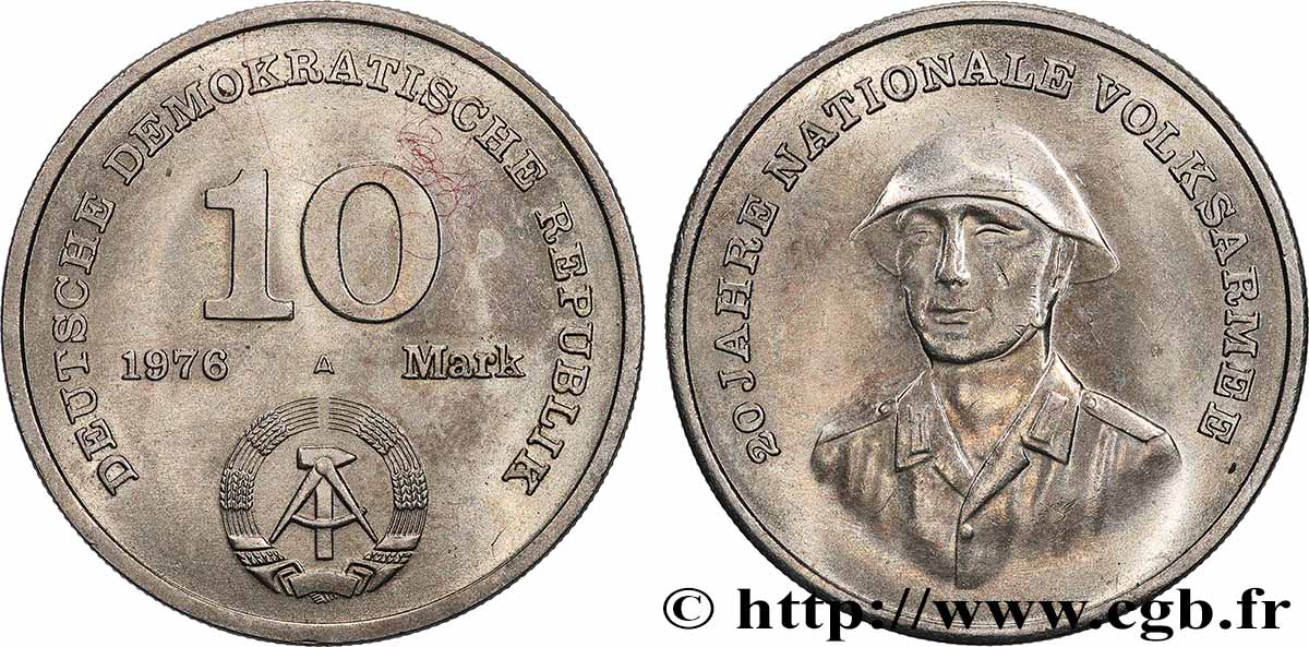 ALLEMAGNE RÉPUBLIQUE DÉMOCRATIQUE 10 Mark 20e anniversaire de l’armée nationale 1976 Berlin SUP 