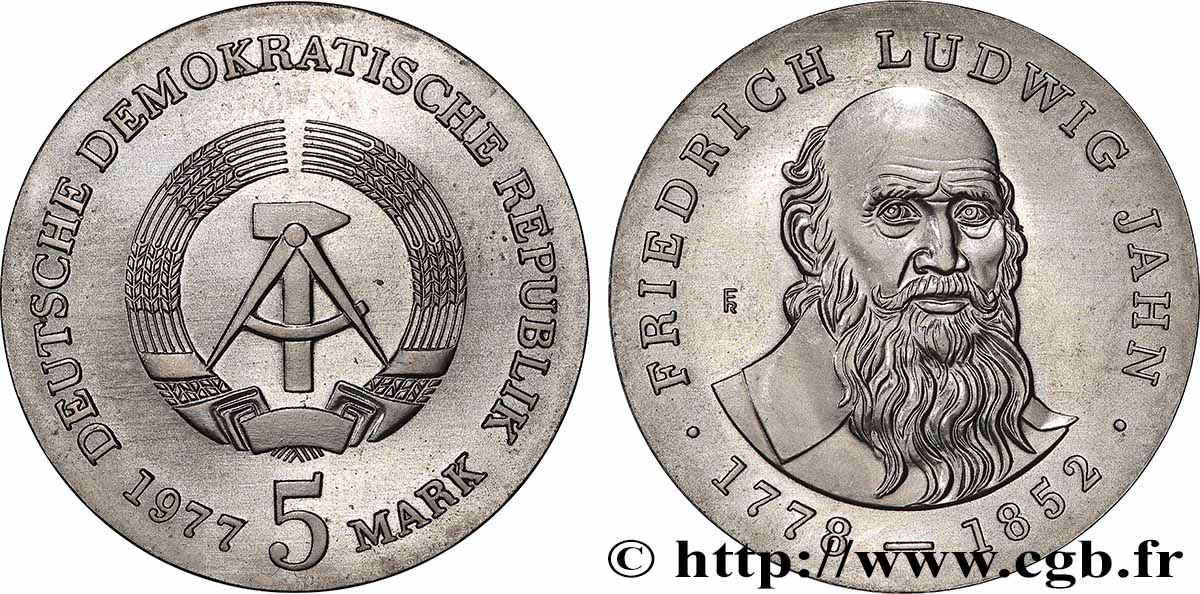 ALLEMAGNE RÉPUBLIQUE DÉMOCRATIQUE 5 Mark Friedrich Ludwig Jahn 1977  SUP 